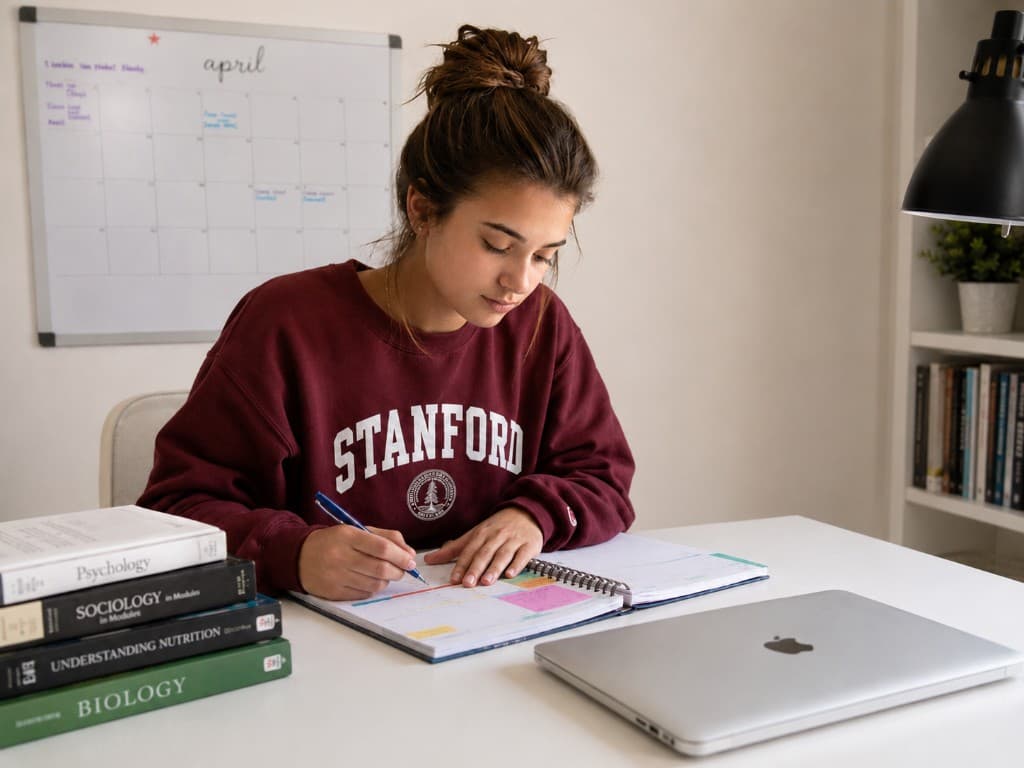 Student planning at a desk with textbooks, laptop, and planner